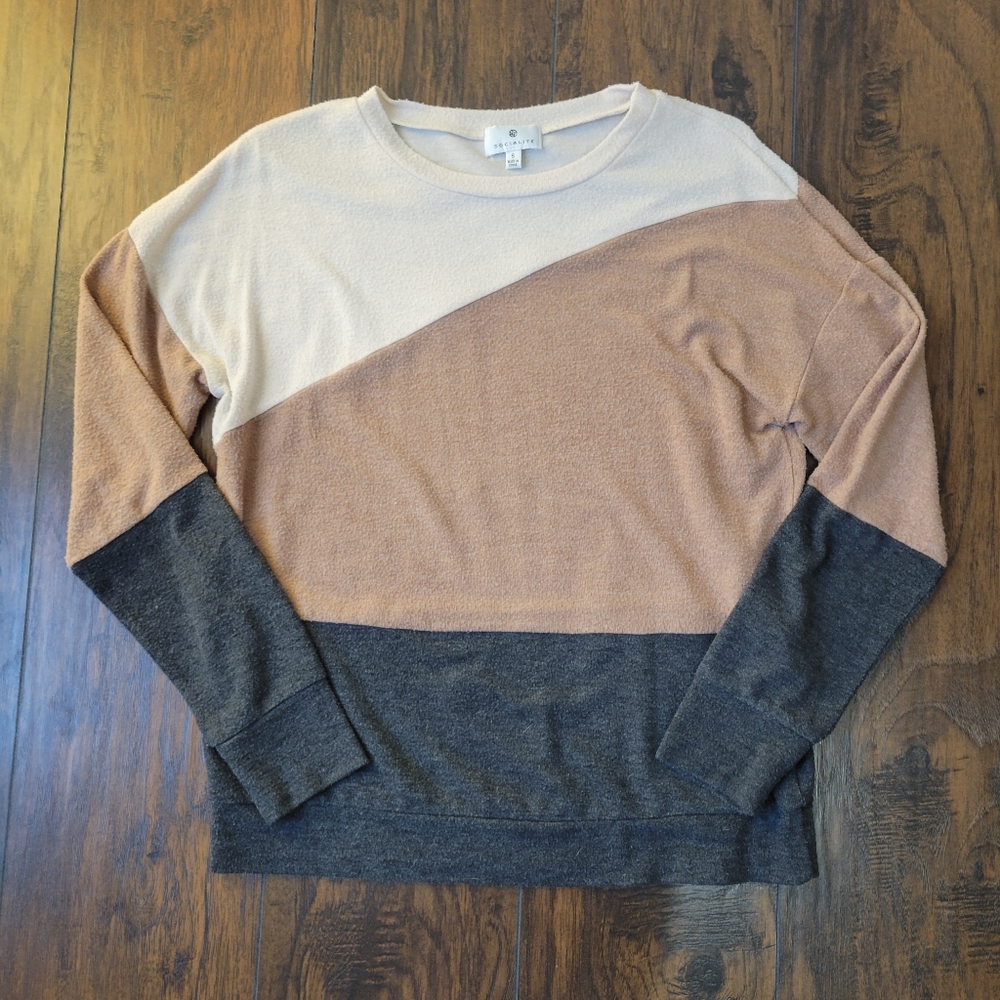 SOCIALITE Women's Size S Tan Cream Charcoal Brushed Knit Color Block Sweater